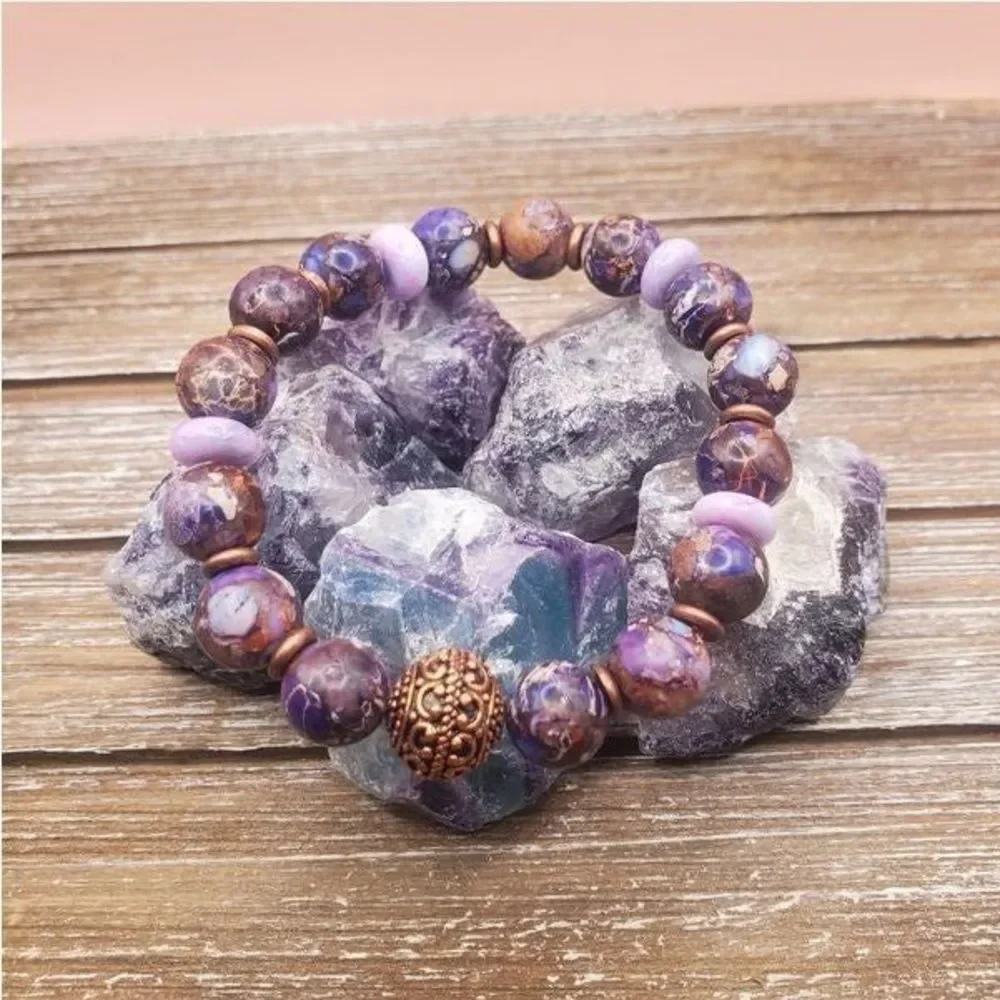 Purple Imperial Jasper, Morado Opal and Copper Beaded Bracelet - Picture 1 of 6